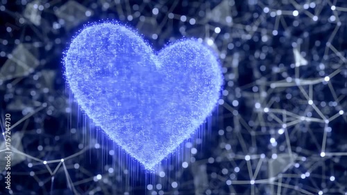 Glowing blue heart, constructed of light particles, amidst a web of interconnected nodes in space