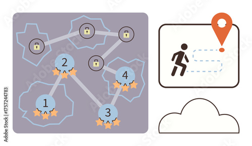 Progress map with points, stars, and locks connected by paths, paired with a runner icon and location pointer. Ideal for gaming, planning, navigation, progress tracking, goals challenges simple