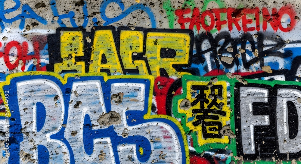 Obraz premium Vibrant graffiti art displayed on a textured urban wall with bold lettering