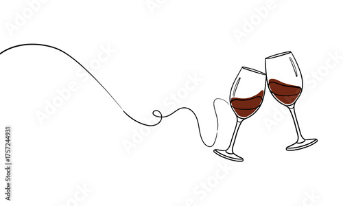 Continuous line champagne cheers one line art, continuous drawing contour.Toasting with wine glasses with drinks. Cheers toast festive decoration for holidays. Vector illustration on white background