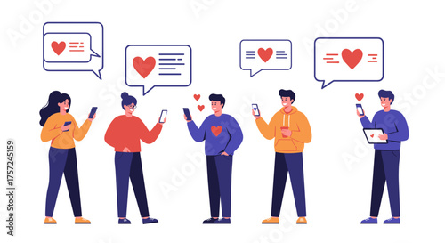 Group of people engaging with smartphones and sharing messages online  