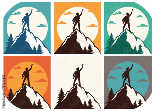Six Retro Style Mountain Climber Silhouettes Celebrating Victory on Peaks summit