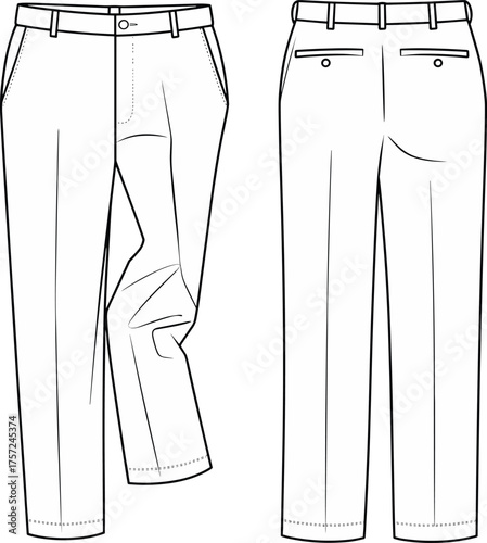 Cad drawing flat vector illustration, tailored trousers technical sketch, front and back view, fashion template, garment construction detail, pocket design