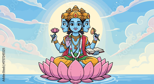 Hindu god Brahma illustration on lotus flower with book and offerings. Hindu god illustration represents deity with three faces and vibrant colors.