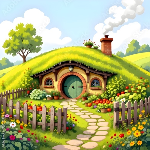 Whimsical Hobbit House in Sunny Flower Garden, 3D Cute Fantasy Cottage Illustration
