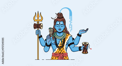Depiction of Lord Shiva, a Hindu deity with distinctive symbols. Lord Shiva with distinctive symbols, including trident and snake, conveys spiritual power and divine presence.