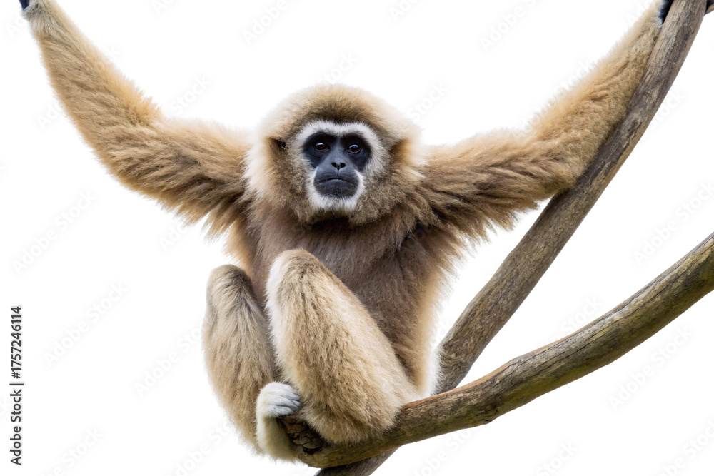 Naklejka premium Gibbon with cream colored fur spreading arms wide while perched on curved branch, isolated on a transparent background
