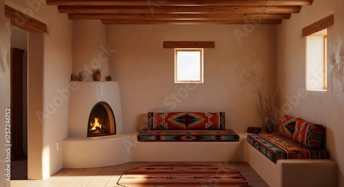 cozy southwestern living room with adobe fireplace