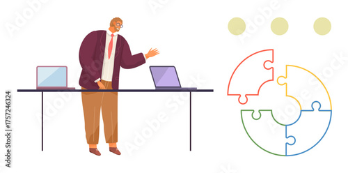 Man in business attire standing near table with laptops, engaging in presentation. Colorful segmented puzzle symbolizing strategy, teamwork, planning, problem-solving. Ideal for business, education