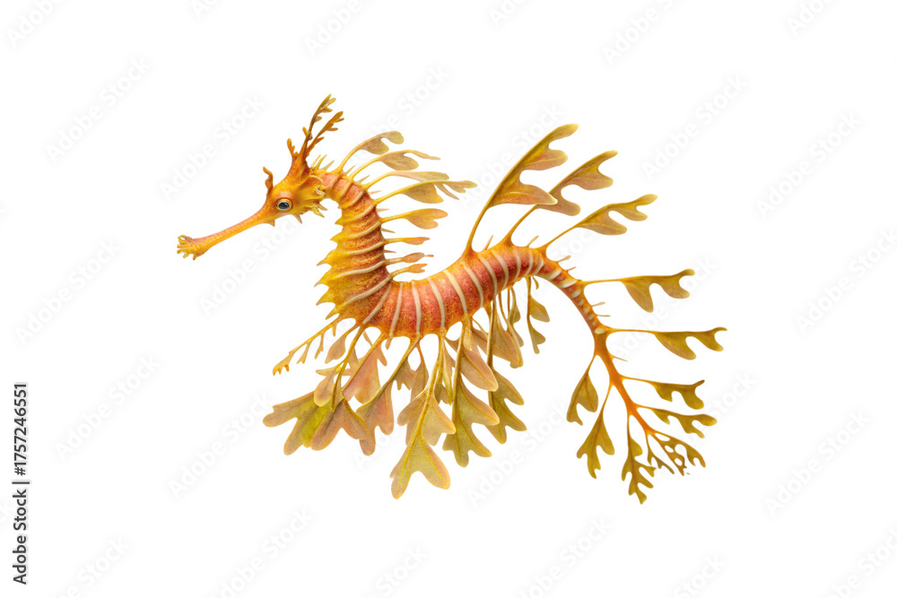 Obraz premium Ornate seahorse with fan-like fins in warm golden orange tones and striped body, isolated on a transparent background
