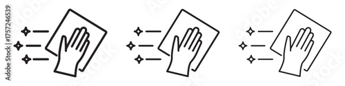 Disinfection and cleaning line icons. Hand wiping a surface with shining stars to show cleanliness and hygiene. Suitable for household care, sanitation, and cleaning product design. Expanded stroke.