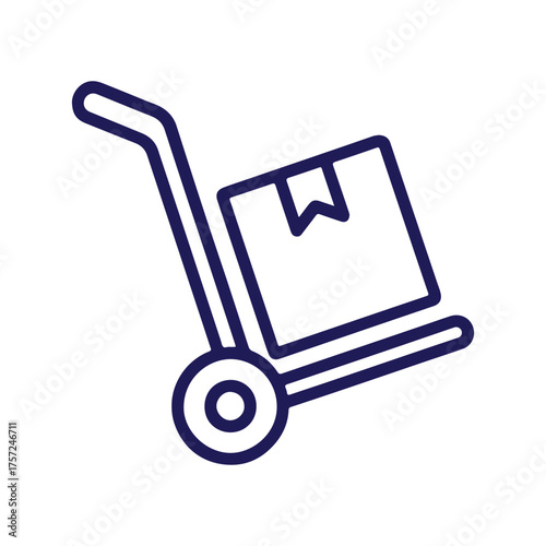 Simple line art icon of a hand truck carrying a cardboard box for delivery and logistics