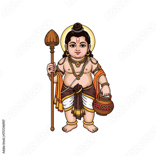 Depiction of Lord Ayyappan standing with pot and staff. Lord Ayyappan is an important deity in Hinduism with millions of devotees.