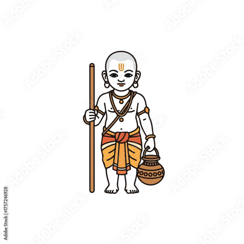 Cute Indian god is a religious illustration of Hindu god, perfect for representing spirituality and devotion. Hindu god symbolizes innocence with a pot and stick.