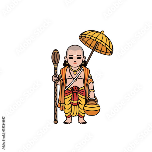 Little Vamana avatar of Vishnu standing against clean white background, depicting one of ten avatars. Vamana is captured in simplified drawing style, representing short Brahmin.