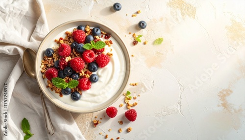 テーブルの上に、ギリシャヨーグルトと色とりどりのフルーツ。
ストロベリー、ブルーベリー、バナナ、そして黄金のハチミツがアクセント。
リネンナプキンと木製スプーンがナチュラルな質感を添えます。
春の朝を思わせる柔らかな光が、清潔感と温かさを演出します。