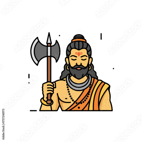 Illustration of Parashurama holding axe. Parashurama, the sixth avatar of Vishnu, symbolizes devotion and power.