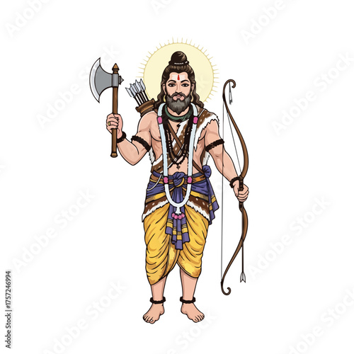 Illustration of Hindu god Parashurama holding an axe and a bow. Parashurama embodies strength and righteousness in Hindu mythology. Celebrating Parashurama and Hindu mythology,