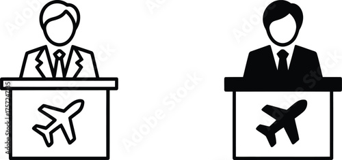 Airport Check-in Counter Icon with Airline Staff Silhouette Vector Illustration
