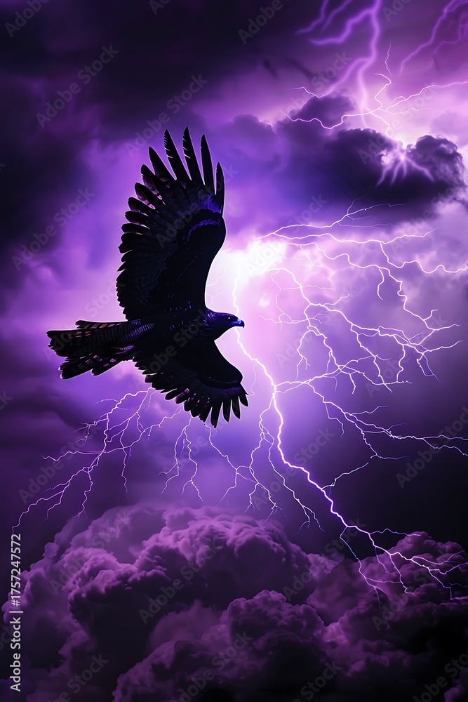 Obraz premium Majestic eagle soars through stormy skies illuminated by vibrant violet lightning