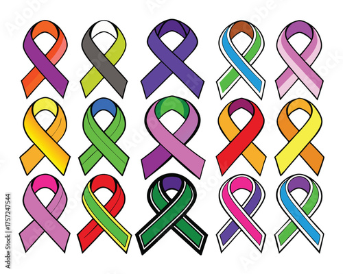 Grid of Multicolored Awareness Ribbons Representing Diverse Causes, Advocacy, and Support in Bold, Symbolic, Merch-Ready Graphic for Apparel Design