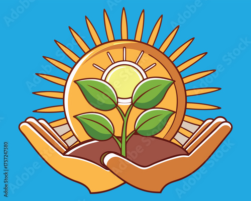 Hands Holding Growing Plant Beneath Radiant Sun Symbolizing Nurturing, Sustainability, and Personal or Environmental Growth for Inspirational Apparel Graphics