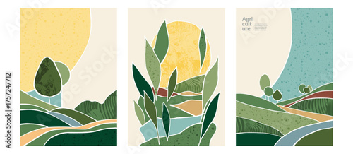 Green rural landscape, environmental impact.  Sustainable farming crop cultivation. Organic agriculture, soil conservation, water irrigation. Eco-friendly production,  ecosystem. Modern agronomy, agro