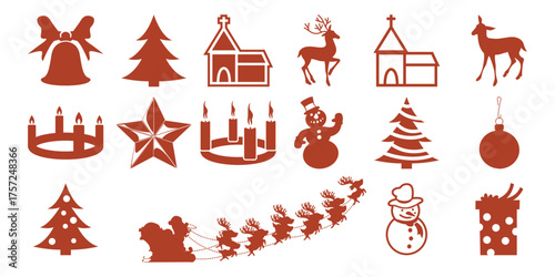 Christmas Icons: Bell, Trees, Snowman, Santa, Reindeer, Church, Star, Candles, Ornament, Gift