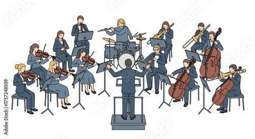 Conductor leading a symphony orchestra ensemble with musicians playing string, wind, and percussion instruments for a classical concert