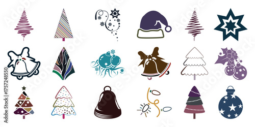 Collection of Christmas Icons: Trees, Bells, Ornaments, and Santa Hat