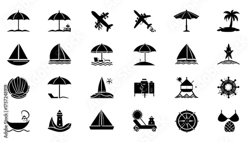 Black and white icons depicting vacation and travel objects