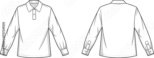 Long sleeve shirt technical fashion sketch, front and back view, flat vector, cad drawing, garment design, apparel template, illustration