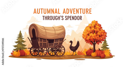 Autumnal Adventure Through Splendor A Classic Covered Wagon Journey Amidst Fall Foliage