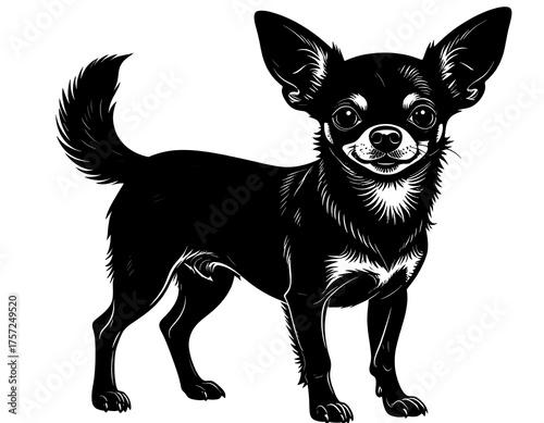 Black and white illustrated standing dog with prominent ears