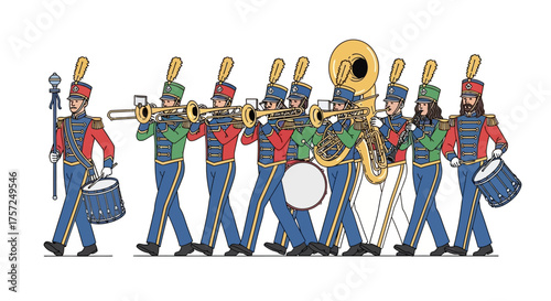 A colorful marching band with brass instruments and drums walks in formation, dressed in vibrant uniforms