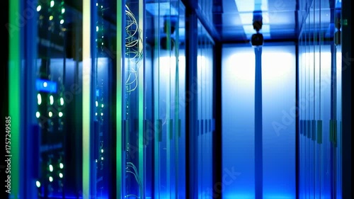 Data center interior with server racks, illuminated by blue/green lights, creating a futuristic aesthetic