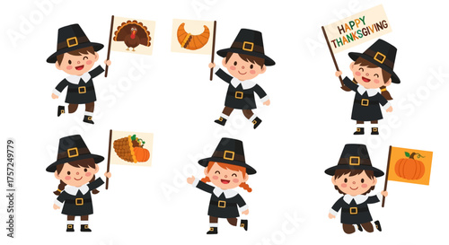 Set of cute cartoon pilgrim children holding flags with traditional Thanksgiving symbols like turkey and pumpkin pie