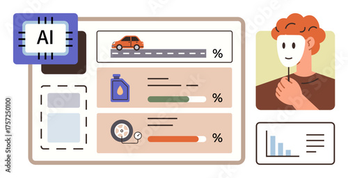 Digital system evaluating car performance metrics with charts, AI chip, human holding mask. Ideal for AI, technology, automotive, data analysis, innovation, maintenance simple flat metaphor