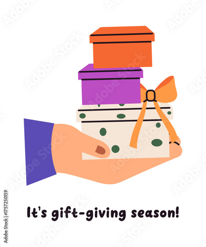 hand gives xmas gift box. Christmas present decorated with bow. shares exchange presents. Festive Vector illustration