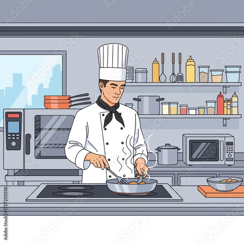 Chef preparing food in commercial kitchen illustration