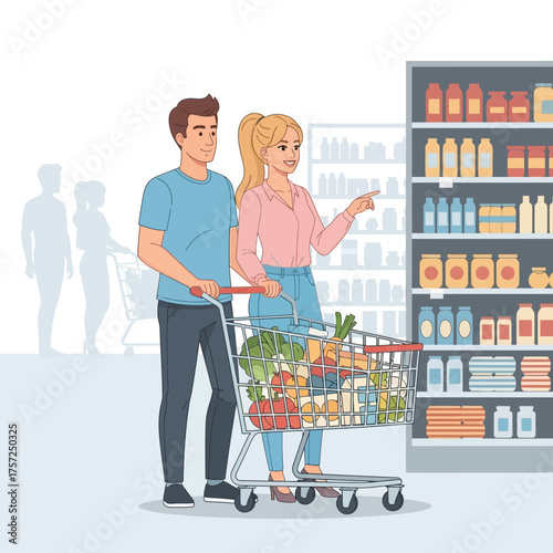 Couple shopping in grocery store with filled cart