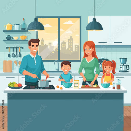 Family cooking together in a bright kitchen