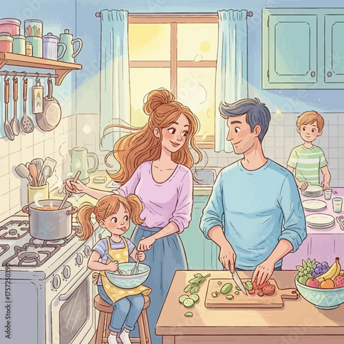 Family cooking together kitchen illustration