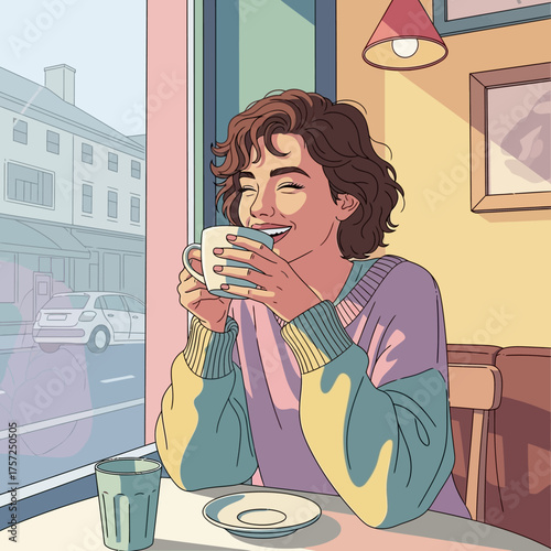 Smiling woman's joyful coffee moment