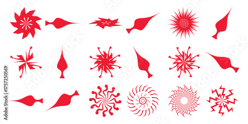 Collection of Red Abstract Geometric Shapes and Starbursts on White Background