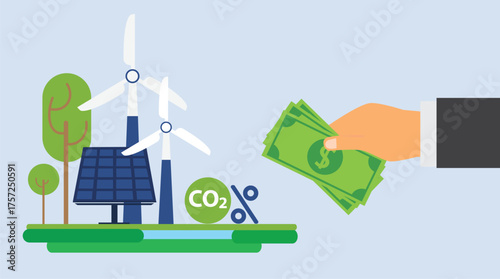 Carbon credit concept. Businessman buys carbon credits. CO2 pollution regulation. Environmental friendly practices in balance with greenhouse gases emission