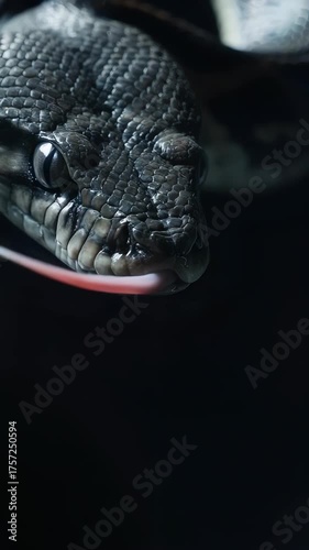 Macro slow-motion video of a snake's forked tongue flicking, sensing its environment. Glistening scales on a dark background