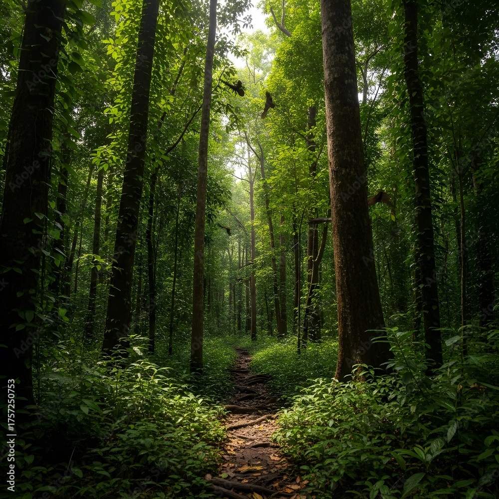 Obraz premium Lush Green Tranquil Forest Path Through Dense Trees with Sunlit Foliage and Deep Shadows