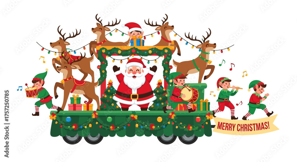 Naklejka premium Santa's Festive Christmas Parade Float with Reindeer and Elves Spreading Holiday Cheer