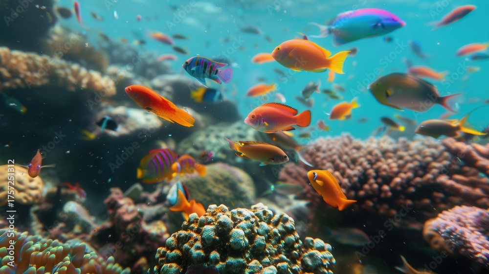 Naklejka premium Colorful Tropical Fish Swimming Around Coral Reef Underwater